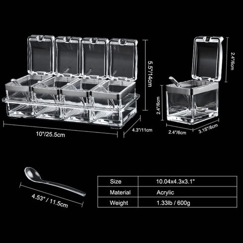Seasoning Box, Seasoning Rack Spice Pots, Storage Container Condiment Jars, 4 Piece Clear Acrylic Cruet with Cover and Spoon Transparent...