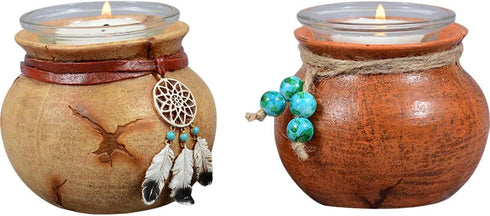 Southwest Pots Candle Holders – Set of 2 Rustic Votive Holders – Twine & Bead Accent – 3.6" x 2.8"...