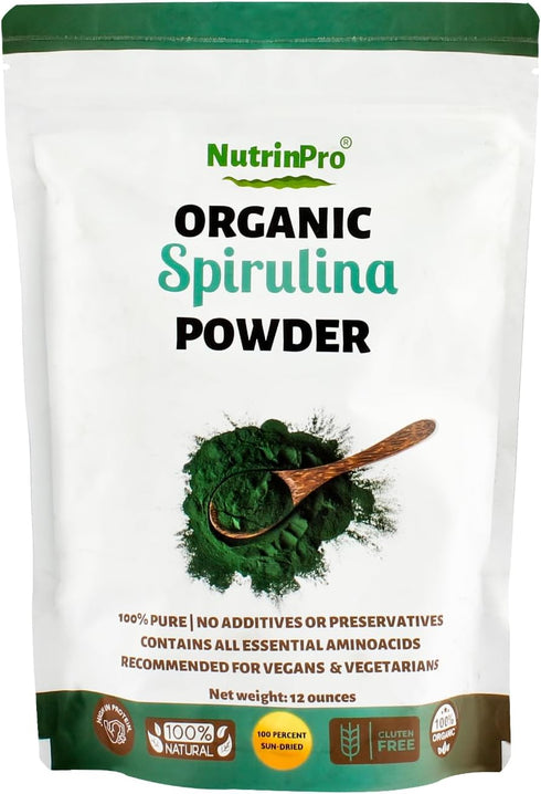 USDA Organic Spirulina Powder for Juice and Smoothy Mix; 100% Natural and Gluten Free, with High Protein, Vitamins, Antioxidants and Minerals (12 ...