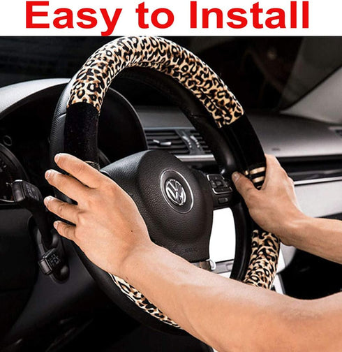 Plush Cheetah Car Steering Wheel Cover Luxurious Leopard Print Universal Fit for Car SUV Warm Soft Anti-Slip (Black Yellow)...