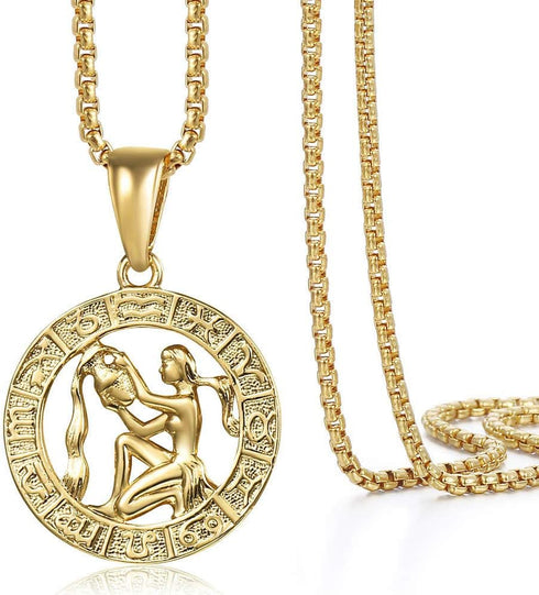 Gold Plated Zodiac Sign Pendant necklace for Women Men Leo AriesConstellation Horoscope Pendant Stainless Steel Box link Chain 22inch...
