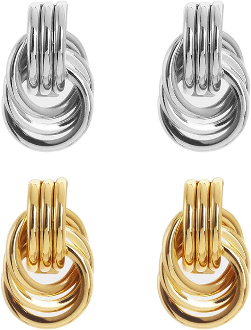 2Pcs Gold and Silver Earrings for Women, Gold Statement Geometric Knot Stud Earrings Set Chunky Gold Solver Hollow Tube Knot Drop Dangle Earrings ...