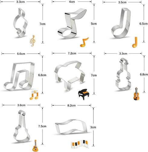 Music Note Cookie Cutter Shapes Set - 8 Pieces Stainless Steel Metal G Clef, Eighth Note, a Quarter Note, Piano, Violin, Guitar, Piano Keyboard Mu...