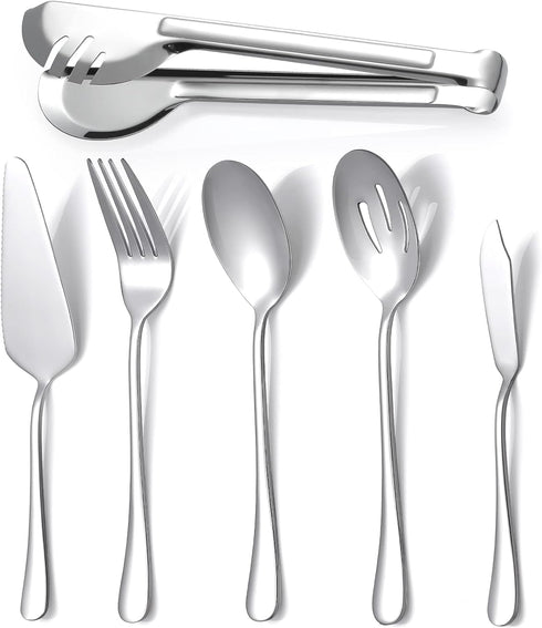 Serving Utensils, Set of 6 Large Serving Spoons Forks Tongs Butter Knife and Pie Server, Thickened Stainless Steel Buffet Catering Flatware Servin...
