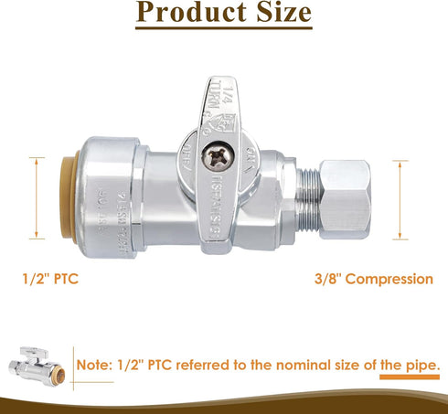 1/2" x 3/8" OD Compression Straight Stop Valve for PEX, Copper, CPVC Pipe and Water Line, Push to Connect Brass Plumbing Fitting, Quarter-Turn Shu...