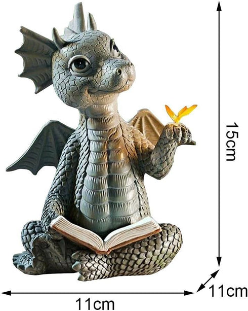 Baby Dragon Reading Book Statue, 5.9-Inch Tall Cute Dinosaur Holding Butterfly Figurines Art Resin Sculpture Outdoor Garden Decor Home Desk Orname...
