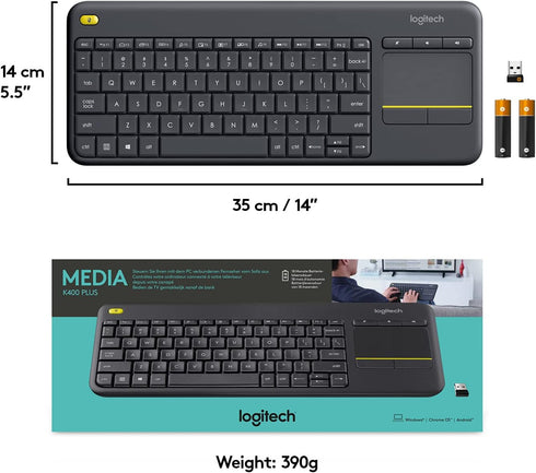 Logitech K400 Plus Wireless Touch With Easy Media Control and Built-in Touchpad, HTPC Keyboard for PC-connected TV, Windows, Android, Chrome OS, L...