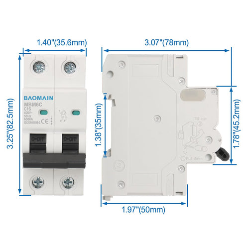 Baomain 16A AC Miniature Circuit Breaker, AC 400V 50Hz 6000A 2 Pole C65 MCB DIN Rail Mounting,MBM6C...