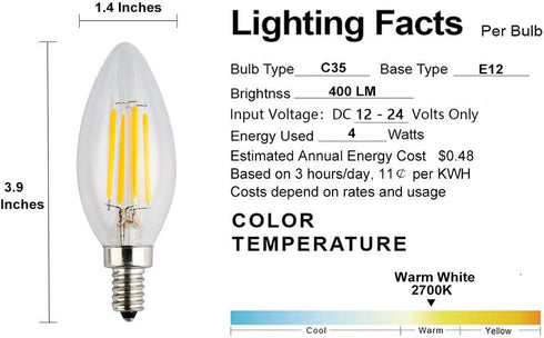 12V/24V DC LED Candle Bulb, Dimmable with 12V DC Dimmer, 4W 400Lm, 2700K Warm White Light, E12 Small Base, Clear Glass Torpedo Tip, 40W Incandesce...