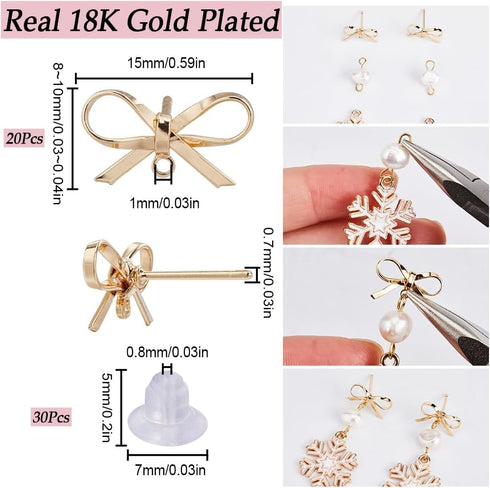 SUNNYCLUE 1 Box 20 Sets Real 18K Gold Plated Earring Posts Stud Earring Findings Earring Studs Earring Stud with Hole Bowknot Post Earrings for Je...