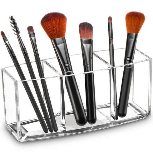 Tasybox Clear Makeup Brush Holder Organizer, 3 Slot Acrylic Brushes Storage, Eyeliners Eyebrow Pencil Display Case...