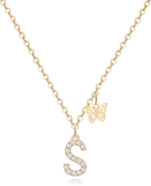 MJartoria Dainty Initial Necklace Butterfly Pendant Necklace, 14K Gold Plated Cubic Zirconia Letter Dainty Necklaces Jewelry Birthday Gifts for Wo...