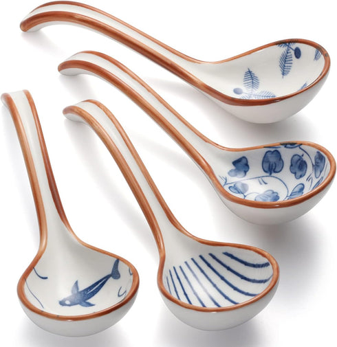 Asian Soup Spoon Ceramic Ramen Spoons Korean Spoons Porcelain Japanese Soup Spoon for Ramen Noodles Pho Miso Dumpling 4pcs (Style 1)...