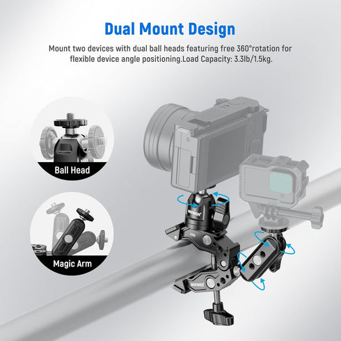 NEEWER Super Clamp with 3" Dual Ballhead Magic Arm, Ball Head Adapter, Cold Shoe, Phone Holder, Action Camera Clamp Mount for Flat/Round Surface C...