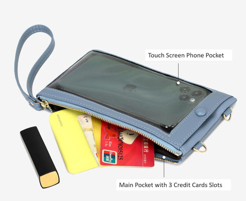 Women Faux Leather Long Wallet Wristlet Handbag with Touch Screen Clear Phone Window (Double Zipped Black)...