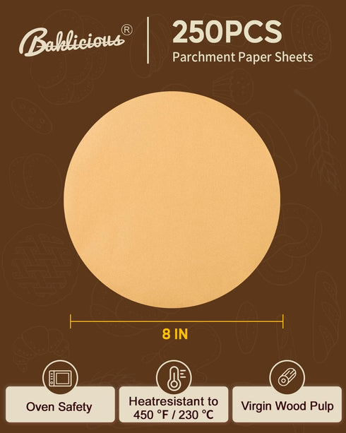 250Pcs 8 Inch Parchment Paper Rounds. Non Stick Round Parchment Paper, Baking Parchment Circles for Cake Baking, Patty Separating, Tortilla Wrappi...