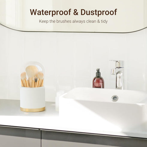 Mkono Covered Makeup Brush Holder Organizer with Glass Lid Premium Leather Make Up Brushes Cup with Dustproof Cover for Vanity Desktop Countertop ...