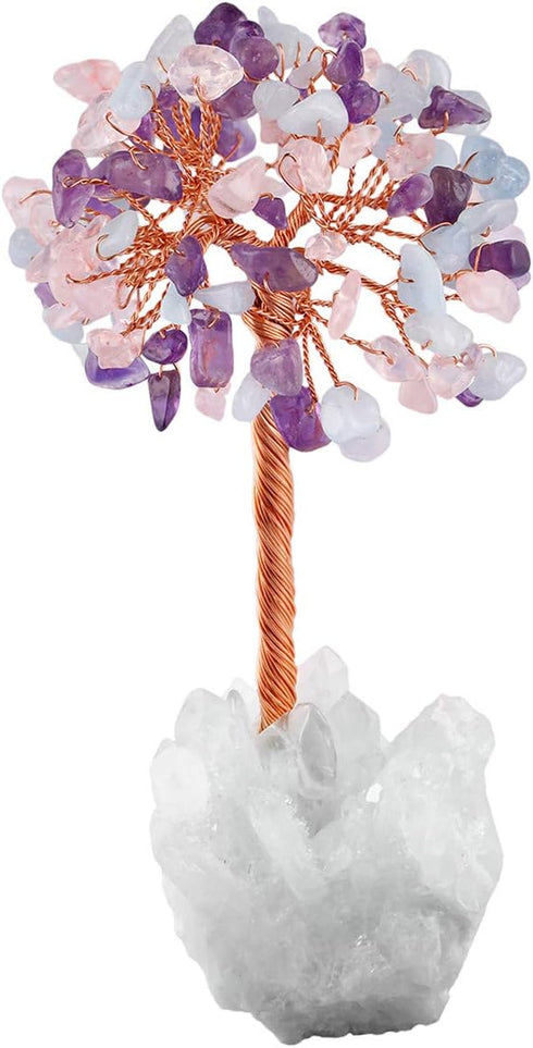 mookaitedecor Amethyst & Rose Quartz & Aquamarine Crystal Tree on Rock Crystal Cluster Stone Base Money Tree of Life for Good Luck Table Decoratio...