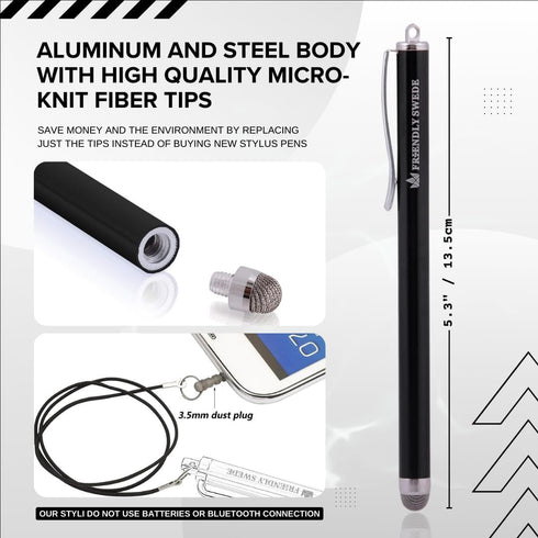 The Friendly Swede Mesh Tip Stylus Pen for Touchscreen — 3-Pack Micro-Knit Capacitive Stylus Pen for iPad & iPhone with 3 Replaceable Fiber Tips, ...