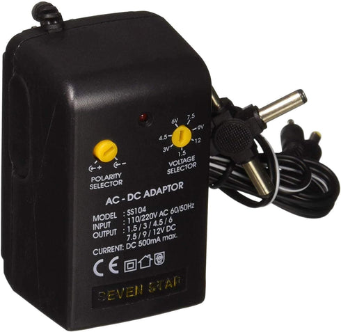 Seven Star 1.5V, 3V, 4.5V, 6V, 7.5V, 9V, 12V DC, 500mA Regulated Universal AC to DC Converter with Multiple Connector Ends...