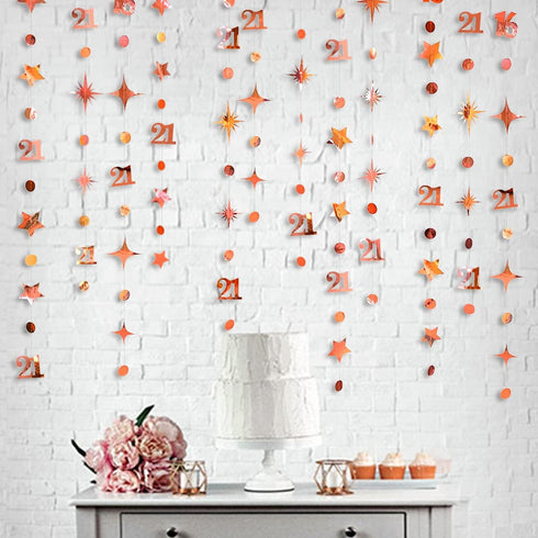 Rose Gold Number 21 Circle Dot Twinkle Star Garland Kit Metallic Hanging Streamer Bunting Banner Backdrop Decoration for Girls 21st Birthday Final...