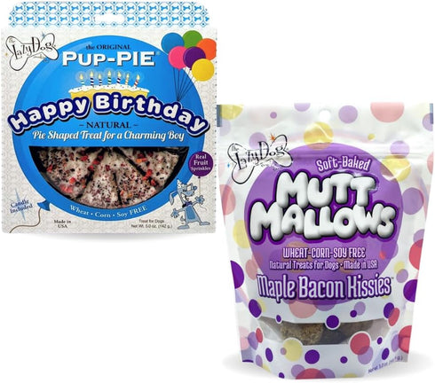 The Lazy Dog Cookie Co. - Original Pup-Pie - Happy Birthday Dog Treat for a Charming Boy, 5 oz with Bag of 5oz Bacon Flavor Mutt Mallows...