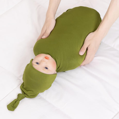 Large Jersey Knitted Swaddle Blanket for Baby, Soft Stretchy Receiving Blanket for Newborns with Hat, Large 47 x 47 inches (Olive) BY001...