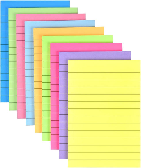 9 Pack Lined Sticky Notes 4"x6" Bright Colors Self-Stick Note Pads with Lines, 9 Colors Bulk Sticky Memo Pad for School, Office, Meeting...