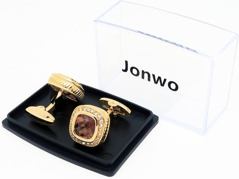 14K Gold Plated Brown Gem Stone Cufflinks for Men Wedding Dress Men Crystal Cufflink for Shirt Party Birthday Anniversary Dress...