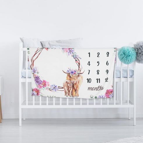 Highland Cow Baby Monthly Milestone 40 x 50'' Blanket Scotland Cow Flower Prop Blanket for Baby Girl Highland Cow Baby Blankets Newborn Infant Swa...