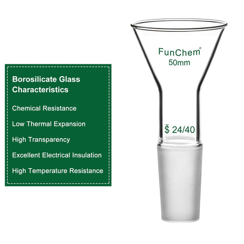 Glass Short Stem Powder Funnel with O.D. 50 mm at Top, Durable Borosilicate Glass Filter with 24/40 Inner Joint...