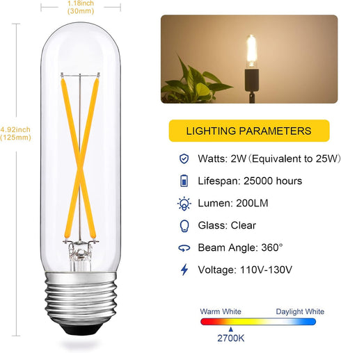 Dimmable T10 LED Bulbs,2700K Warm White, 2W Tubular Light Bulb, Edison LED Bulb 25 Watt Equivalent,E26 Medium Base 200LM, Clear Glass Cover,6 Pack...