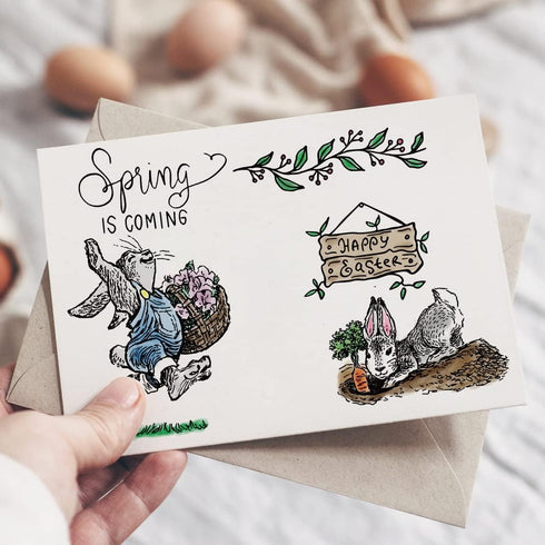 Hying Happy Easter Words Bunny Clear Stamps for Card Making and Photo Album Decor, Easter Rabbits Eggs Stamps Spring Flowers Rubber Stamps Seal fo...
