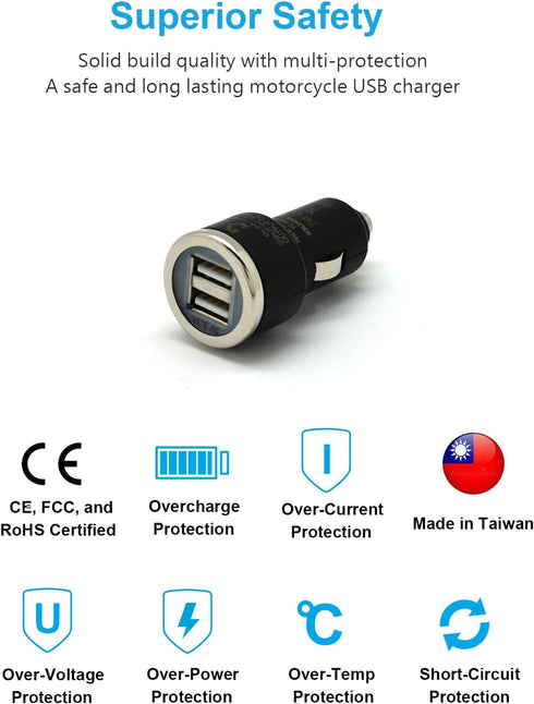 Cliff-Top® 3.3 Amp Ultra Fast USB Car Charger (Auto Shunt) for Auto, Truck, Motorcycle, and Marine - Made in Taiwan (Black)...