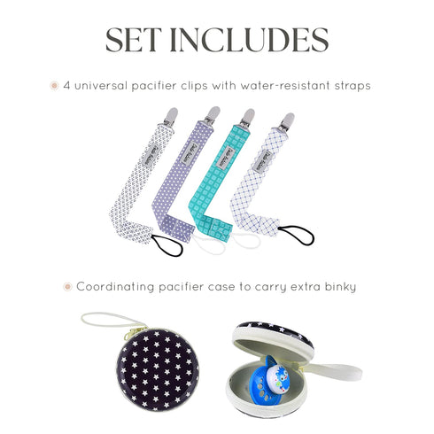Dodo Babies Pacifier Clip Set - Four Clips Plus Binky Case – Universal Holder Fits Most Paci Brands, Teether Toys and Car Seats – Blue and Teal Pr...