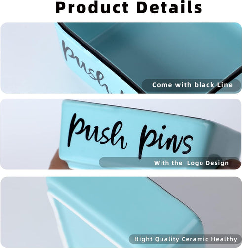Farmhouse Square Push Pins Holders,Ceramic Binder Clip Dispenser Organizer for Desk, Cute Office Paper Clip Holder, 3.3-Inch (Turquoise)...