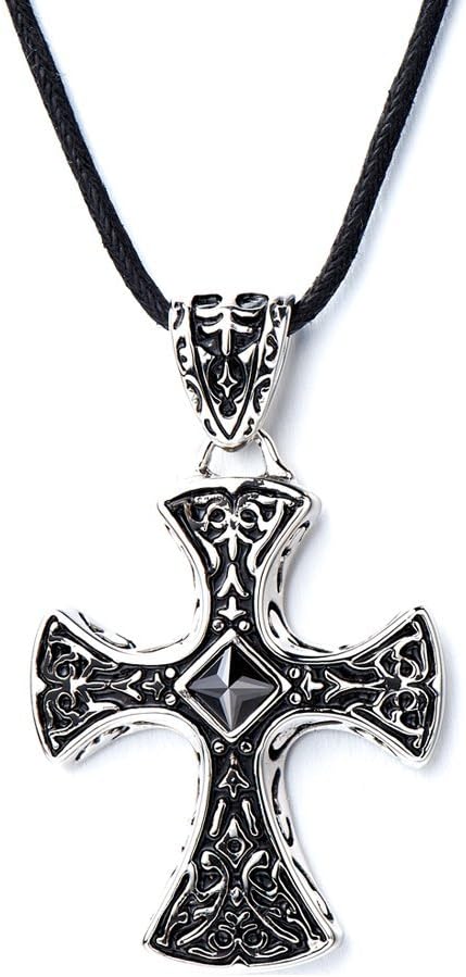 COOLSTEELANDBEYOND New Stainless Steel Gothic Celtic Cross Pendant Necklace with Cz Accent 22.8 Inches Black Silicone Cord...