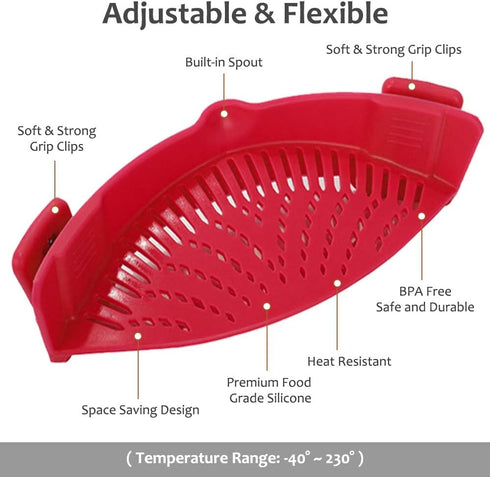 YEVIOR Clip on Strainer for Pots Pan Pasta,Silicone Food Strainer Hands-Free Pan Strainer, Clip-on Kitchen Food Strainer for Spaghetti, Pasta, Gro...