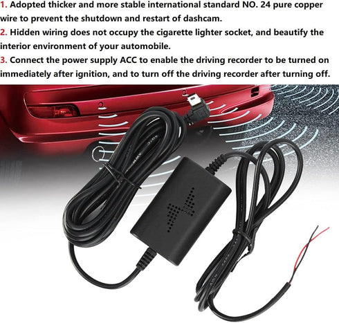 Dash Cam Hardwire Kit,12V/24V to 5V 2.5A Parking Monitor Converter Cable Left Angle Mini USB Step-Down Line for Parking Monitoring,Parking Monitor...