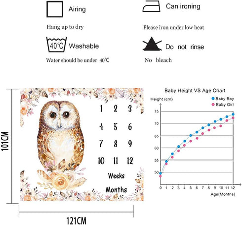 Owl Baby Monthly Milestone Blanket, 48x40in Soft Flannel, Flower Watercolor Backgrounds, Newborn Mom Gifts, Baby Shower Age Growth Tracker with Bo...