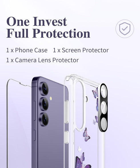 GVIEWIN for Samsung Galaxy S24 Case Floral, with Screen Protector & Camera Lens Protector, Hard PC&TPU Bumper Clear Shockproof Protective Women Ph...