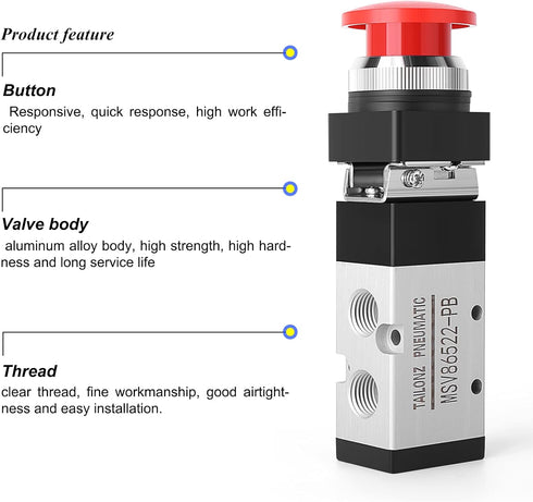 TAILONZ PNEUMATIC 1/4”NPT Automatic reset type Push Button 5 Way 2 Position Pneumatic Control Mechanical Valve...