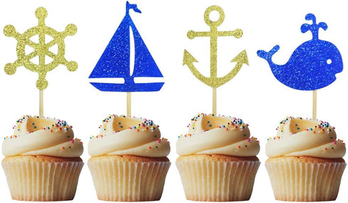 Morndew 24 PCS Anchor Boat Rudder Whale Sailboat Cupcake Toppers for Ocean Sailing Theme Party Birthday party Baby Shower Wedding Party Decoration...