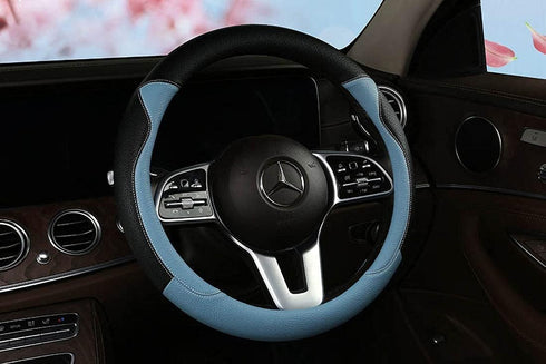 Fashion Cat Ear Leather Steering Wheel Cover Women Girl 15"(38cm) Universal Fit Auto D Shaped Leather Steering Wheel Covers (O Shape,Black&Blue)...