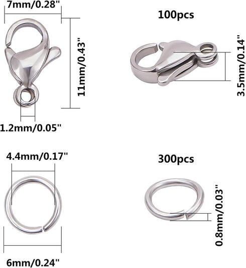 PandaHall 100pcs 304 Stainless Steel Lobster Claw Clasps with 300 pcs 6mm Open Jump Rings Necklace Clasps and Closures for Earring Bracelet Pendan...
