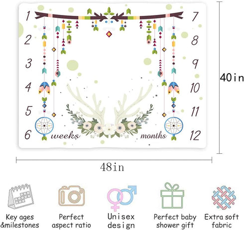 Deer Baby Monthly Milestone Blanket, 48x40in Antlers Wind Chimes Blanket Bohemian Style Dream Catcher for Nursery Newborn Baby Shower,Baby Growth ...