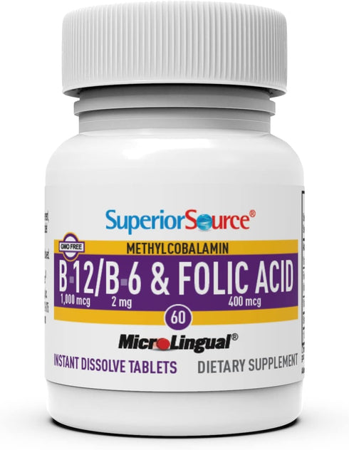 Superior Source No Shot Vitamin B12 Methylcobalamin (1000 mcg), B6, Folic Acid, Quick Dissolve MicroLingual Tablets, 60 Ct, Increase Energy, Healt...