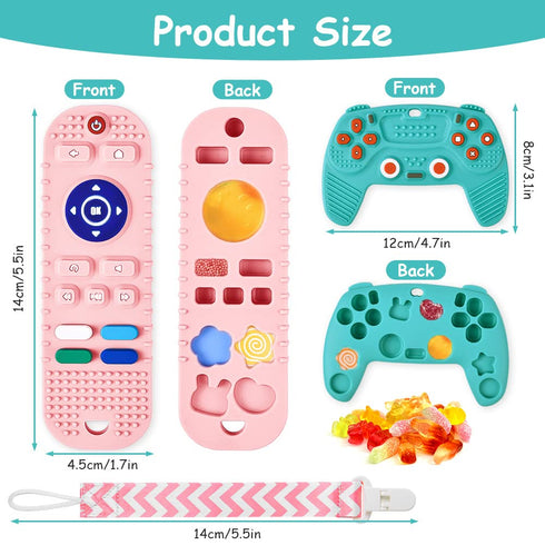 2PCS Silicone Baby Teething Toys, Remote Control Shape Teething Toys and Game Controller Teether Toy with 2PCS Pacifier Clip, BPA Free Silicone Re...