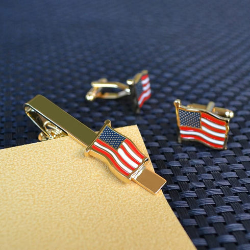 BXLE America Flag Tie Bar Clip and Cufflinks + Brooch Lapel Pin Set for Men, American USA US Cuff Links Necktie Stickpin Cufflink Button for Cops,...