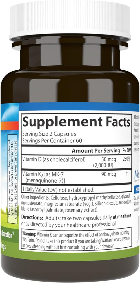 Carlson - Vitamin D3 + K2, 50 mcg (2000 IU) Vitamin D3 & 90 mcg Vitamin K2 as MK7, Bone Support, Calcium Absorption, 120 Capsules...